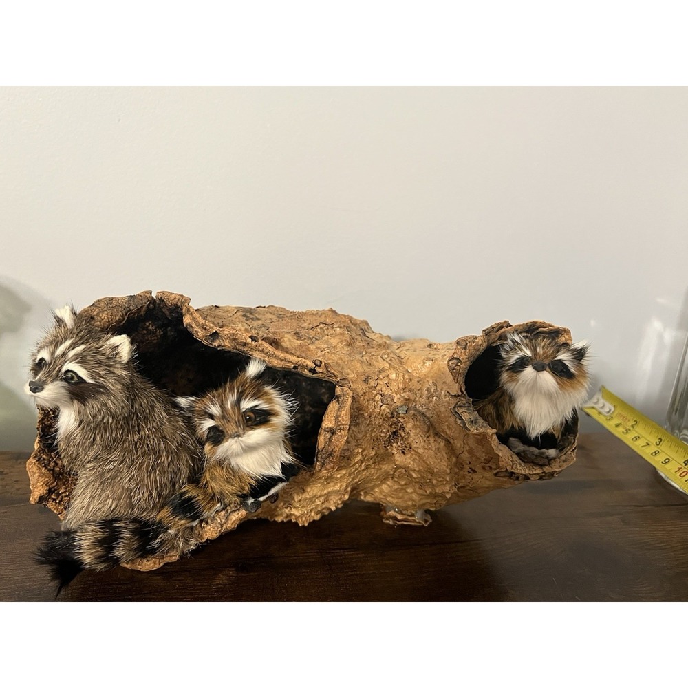 Faux Fur Woodland Critters in Cork Bark Log Display‎ Rustic Cabin Decor 10"